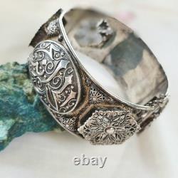 Old Rigid Bangle Bracelet in Solid Silver, Art Deco / Oriental Style