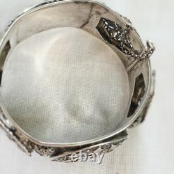 Old Rigid Bangle Bracelet in Solid Silver, Art Deco / Oriental Style