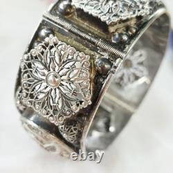 Old Rigid Bangle Bracelet in Solid Silver, Art Deco / Oriental Style