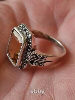 Old Ring In Solid Silver, Citrine And Marcassite