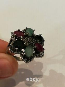 Old Ring In Solid Silver, Marcassite And Multicolored Stones To Be Identified