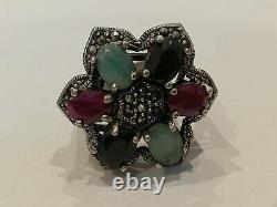 Old Ring In Solid Silver, Marcassite And Multicolored Stones To Be Identified