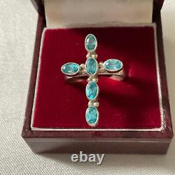 Old Ring Silver Cross Massive Blue Topazes Size 56