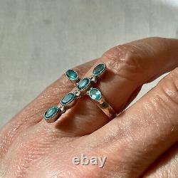 Old Ring Silver Cross Massive Blue Topazes Size 56