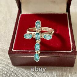 Old Ring Silver Cross Massive Blue Topazes Size 56