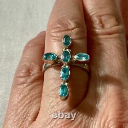 Old Ring Silver Cross Massive Blue Topazes Size 56