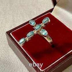 Old Ring Silver Cross Massive Blue Topazes Size 56