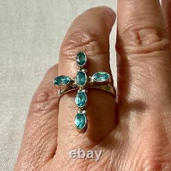 Old Ring Silver Cross Massive Blue Topazes Size 56