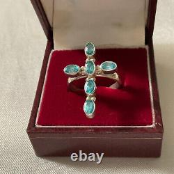Old Ring Silver Cross Massive Blue Topazes Size 56