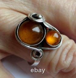 Old Ring Silver Solid 2 Punches Amber Genuine Vintage Jewelry Size 52