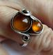 Old Ring Silver Solid 2 Punches Amber Genuine Vintage Jewelry Size 52