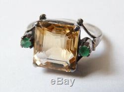 Old Ring Solid Silver + Citrine Emerald + Art Deco Silver Ring