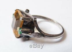 Old Ring Solid Silver + Citrine Emerald + Art Deco Silver Ring
