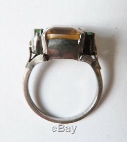 Old Ring Solid Silver + Citrine Emerald + Art Deco Silver Ring