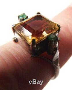 Old Ring Solid Silver + Citrine Emerald + Art Deco Silver Ring