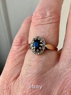 Old Ring with Natural Sapphire Diamonds Sterling Silver/9 Carat Gold Size 51