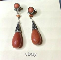 Old Silver Earrings With Faceted Coral