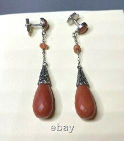 Old Silver Earrings With Faceted Coral