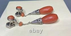 Old Silver Earrings With Faceted Coral