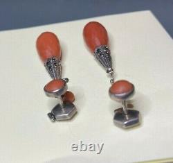 Old Silver Earrings With Faceted Coral