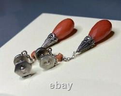 Old Silver Earrings With Faceted Coral