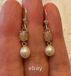 Old Silver Massif Earrings Real Opal And Natural Pearl