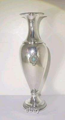 Old Small Solid Silver Vase Decorated with Opal Stone Cabochons