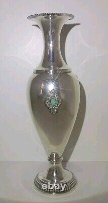 Old Small Solid Silver Vase Decorated with Opal Stone Cabochons