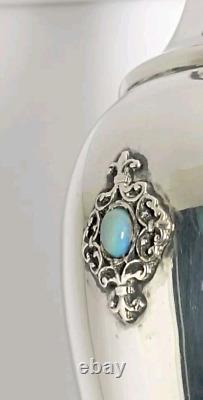 Old Small Solid Silver Vase Decorated with Opal Stone Cabochons