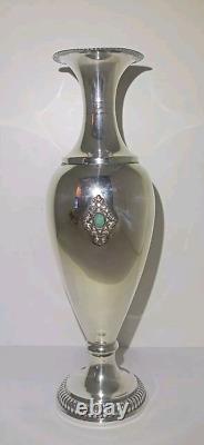 Old Small Solid Silver Vase Decorated with Opal Stone Cabochons
