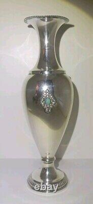 Old Small Solid Silver Vase Decorated with Opal Stone Cabochons