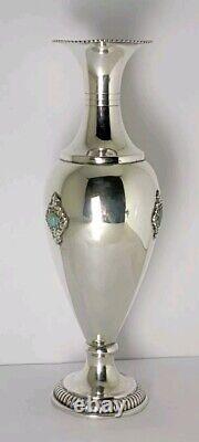 Old Small Solid Silver Vase Decorated with Opal Stone Cabochons