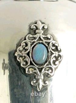 Old Small Solid Silver Vase Decorated with Opal Stone Cabochons