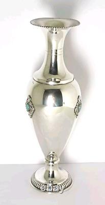 Old Small Solid Silver Vase Decorated with Opal Stone Cabochons
