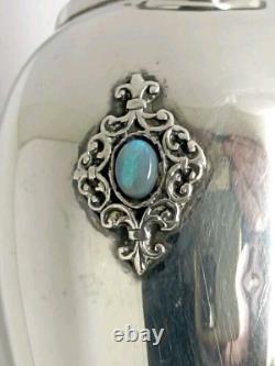 Old Small Solid Silver Vase Decorated with Opal Stone Cabochons