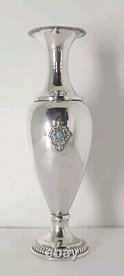 Old Small Solid Silver Vase Decorated with Opal Stone Cabochons