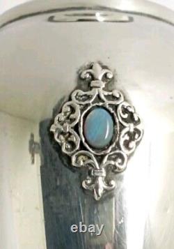 Old Small Solid Silver Vase Decorated with Opal Stone Cabochons