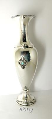 Old Small Solid Silver Vase Decorated with Opal Stone Cabochons