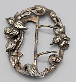 Old Solid Silver Belt Buckle with Art Nouveau Floral Decoration