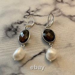 Old Solid Silver Earrings with Large White Pearl and Smoky Topaz