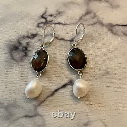 Old Solid Silver Earrings with Large White Pearl and Smoky Topaz