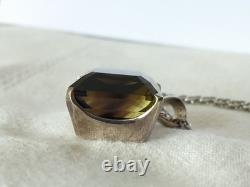 Old Solid Silver Pendant Large Natural Bicolor Smoky Quartz Stone