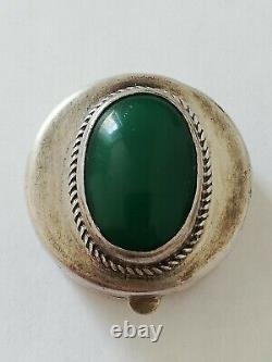 Old Solid Silver Pill Box And Identif Green Agate Cabochon