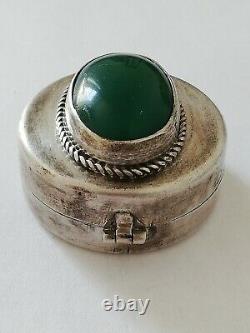 Old Solid Silver Pill Box And Identif Green Agate Cabochon