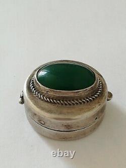 Old Solid Silver Pill Box And Identif Green Agate Cabochon