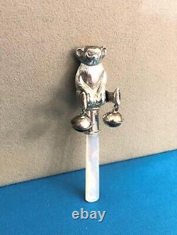 Old Solid Silver Rattle Punched And Mother-of-pearl Bear Bear Baby 925 Sterling