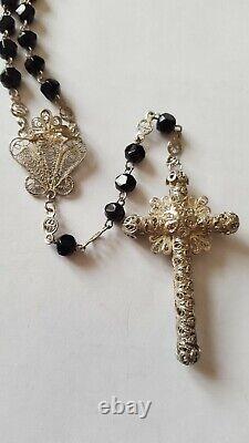 Old Solid Silver Rosary with Jet Beads