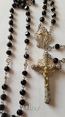 Old Solid Silver Rosary with Jet Beads