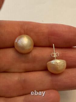 Old Sterling Silver Huge Natural Pink Pearl Earrings