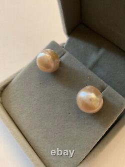 Old Sterling Silver Huge Natural Pink Pearl Earrings